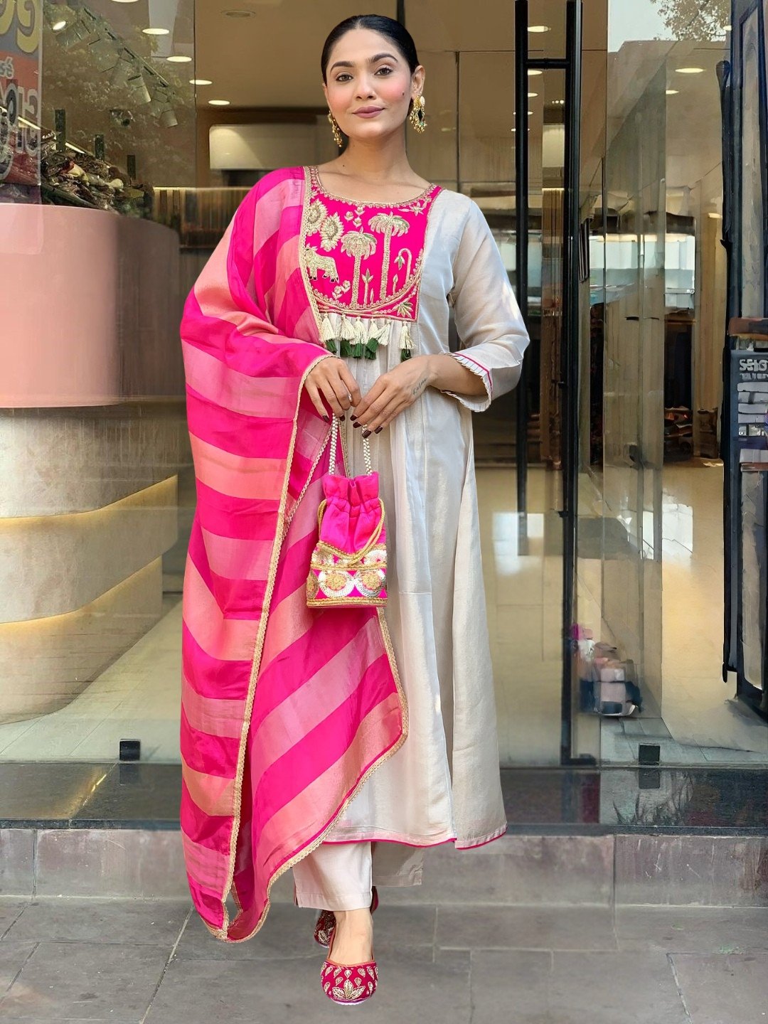Pink Embroidered A-Line Salwar Suit