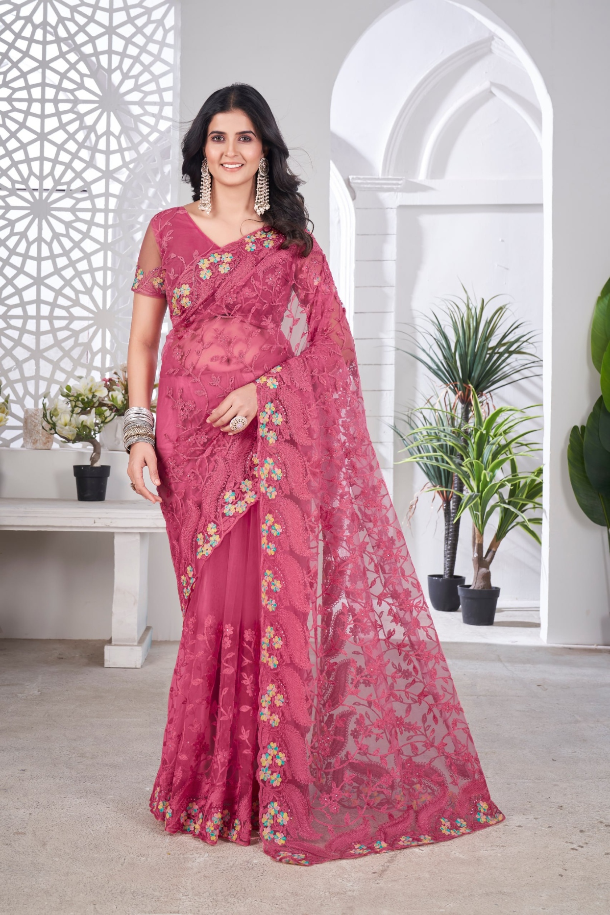 Pink Embroidered Butterfly Net Saree