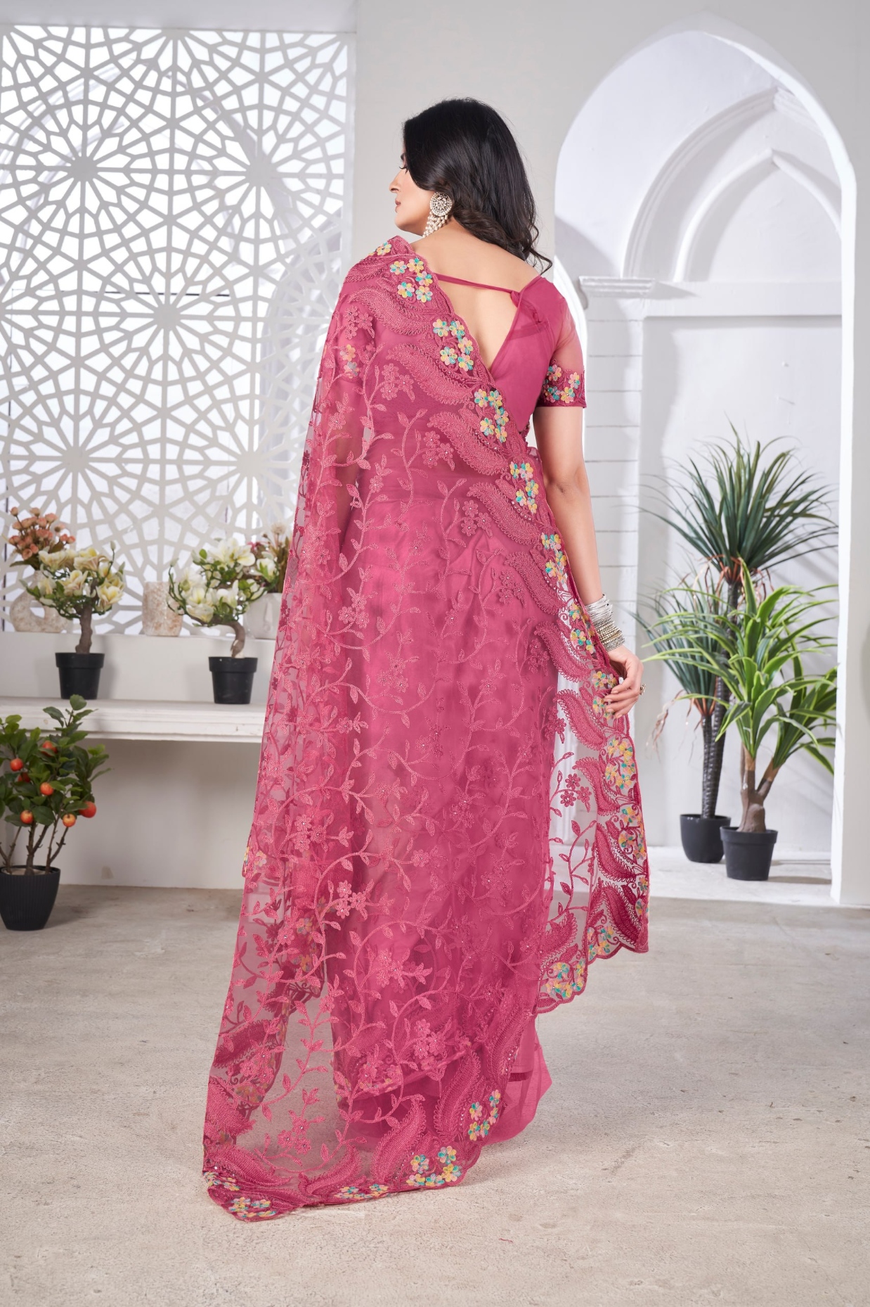 Pink Embroidered Butterfly Net Saree — alternate view