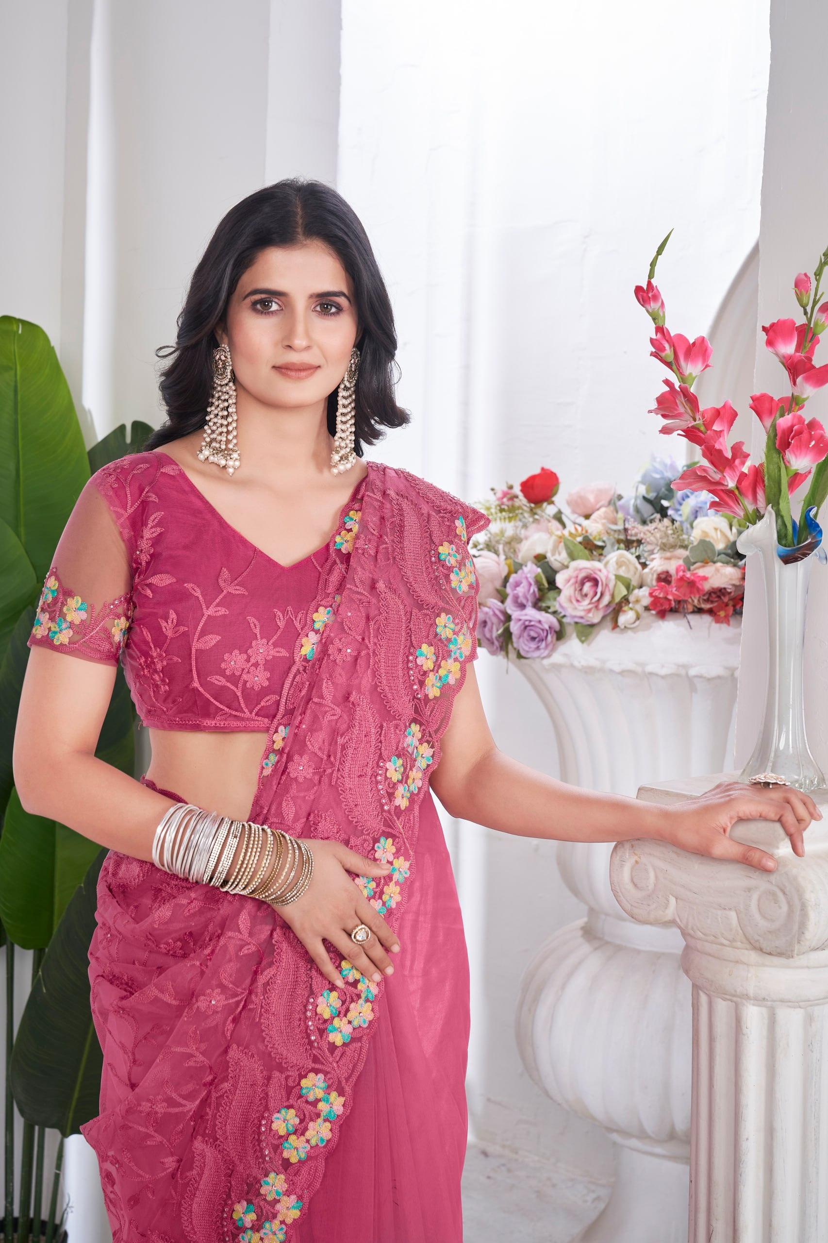 Pink Embroidered Butterfly Net Saree