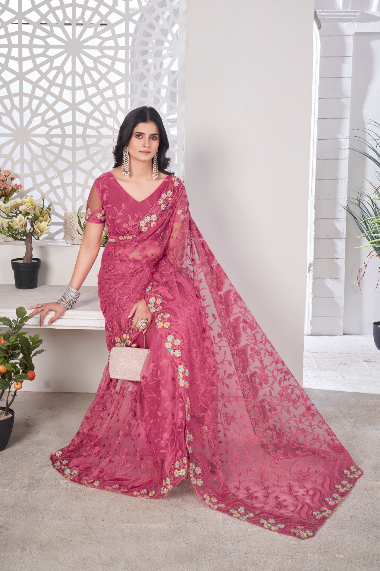 Pink Embroidered Butterfly Net Saree