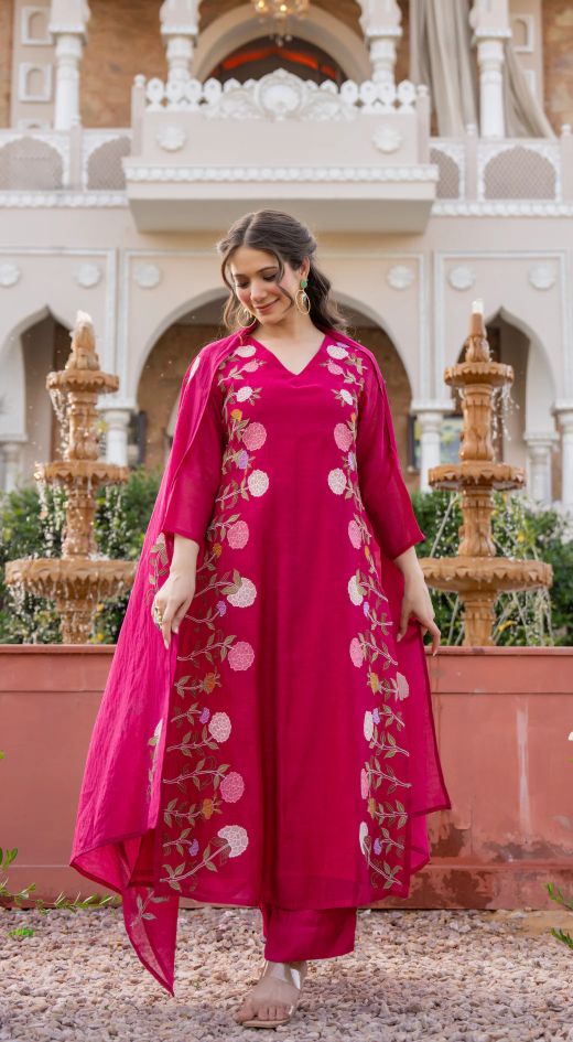 Pink Embroidered Chanderi Salwar Suit