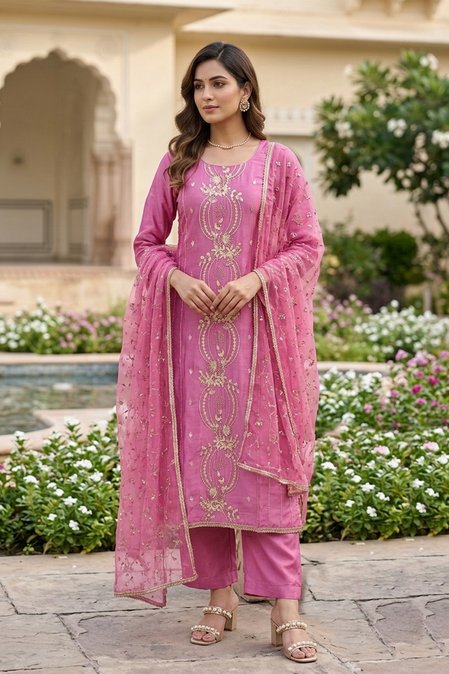 Pink Embroidered Chanderi Straight Suit