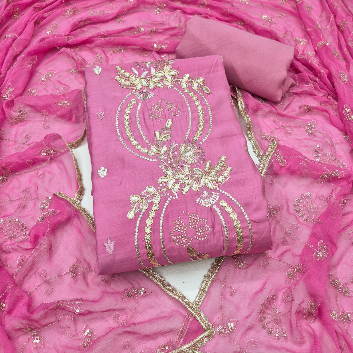 Pink Embroidered Chanderi Straight Suit