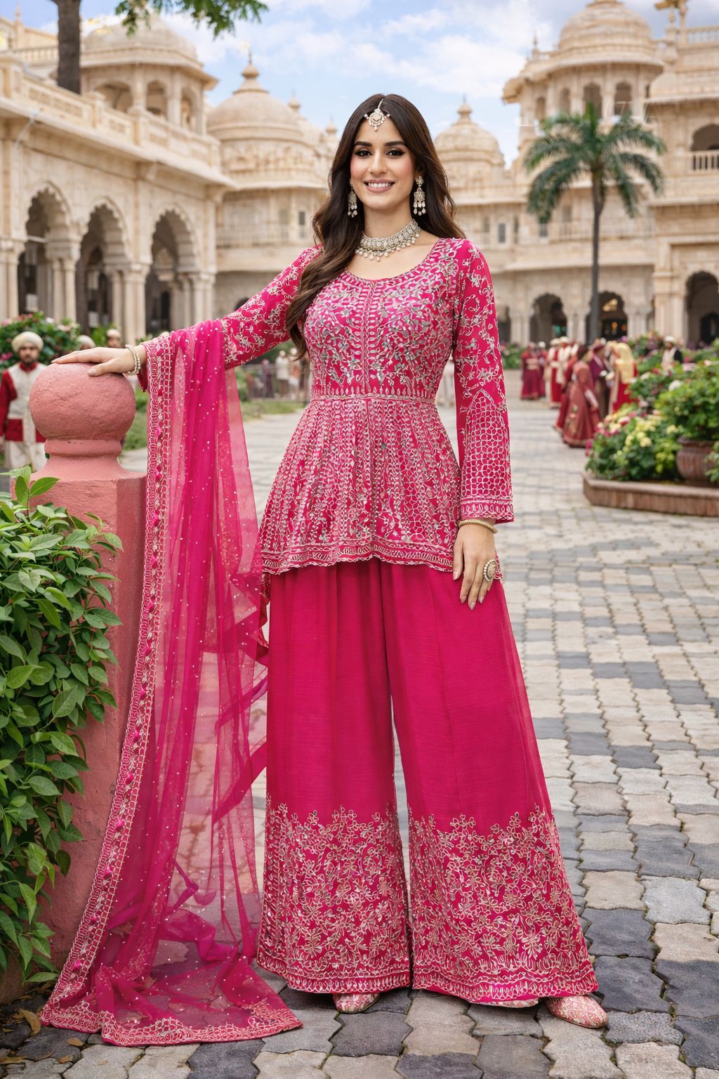 Pink Embroidered Chinon Flared Hem Palazzo Suit