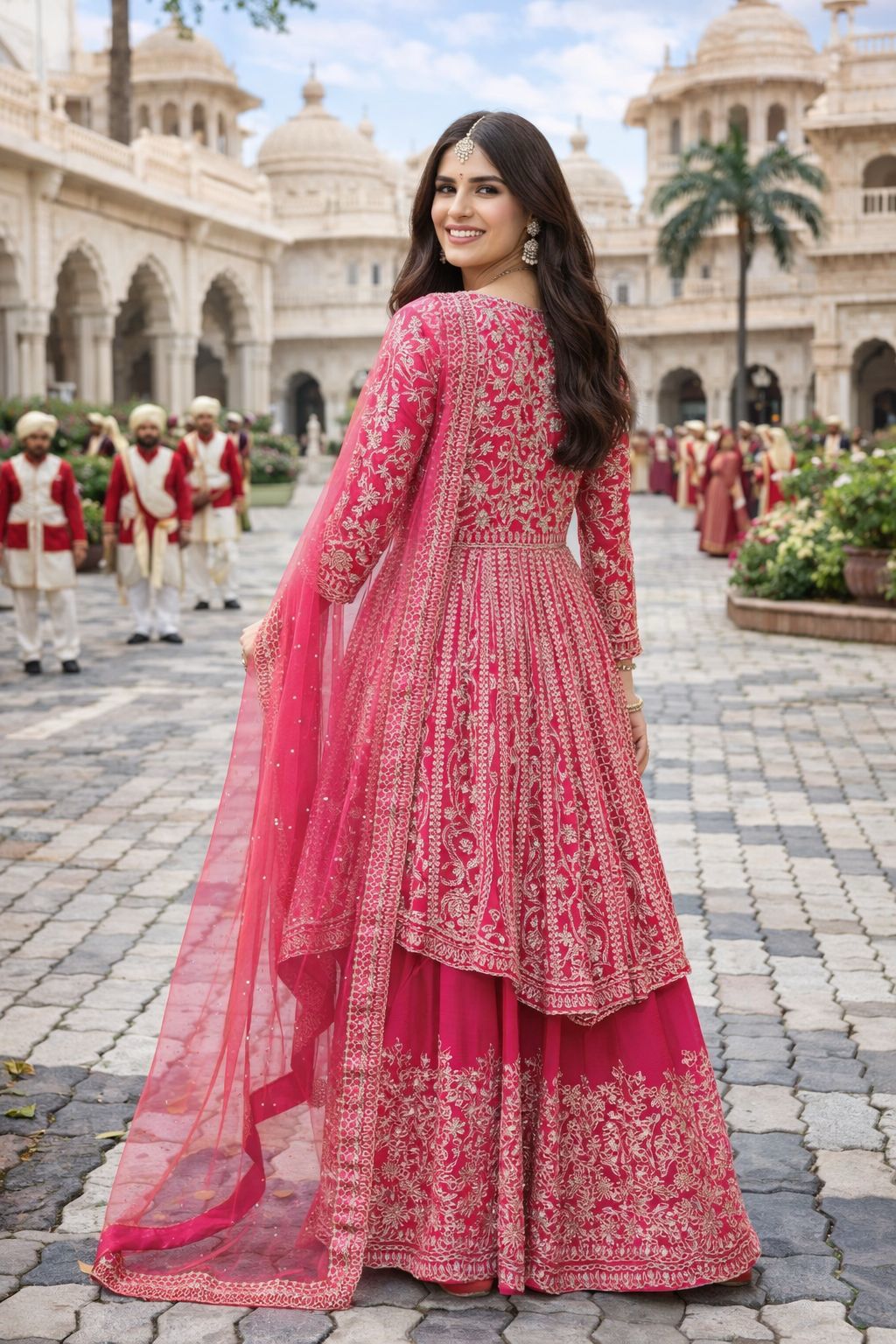 Pink Embroidered Chinon Flared Hem Palazzo Suit — alternate view