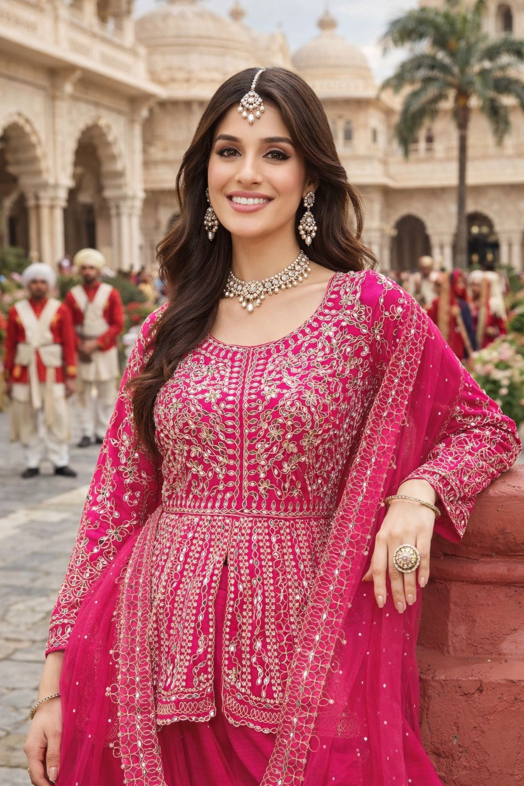 Pink Embroidered Chinon Flared Hem Palazzo Suit