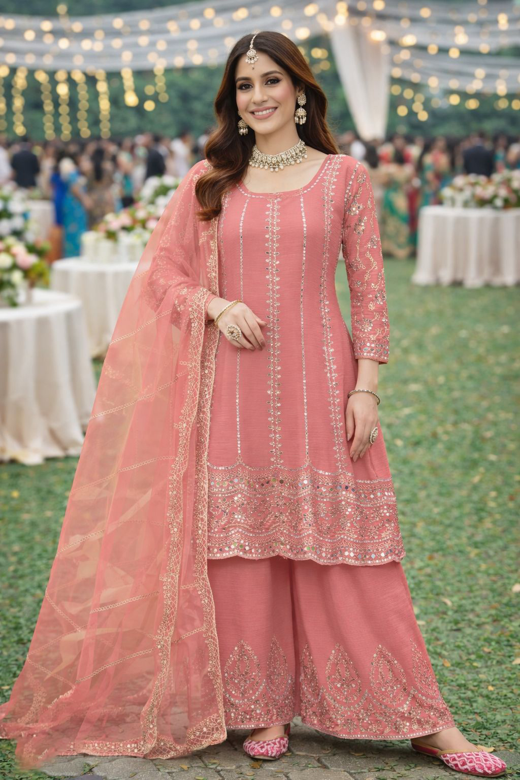 Pink Embroidered Chinon Palazzo Suit