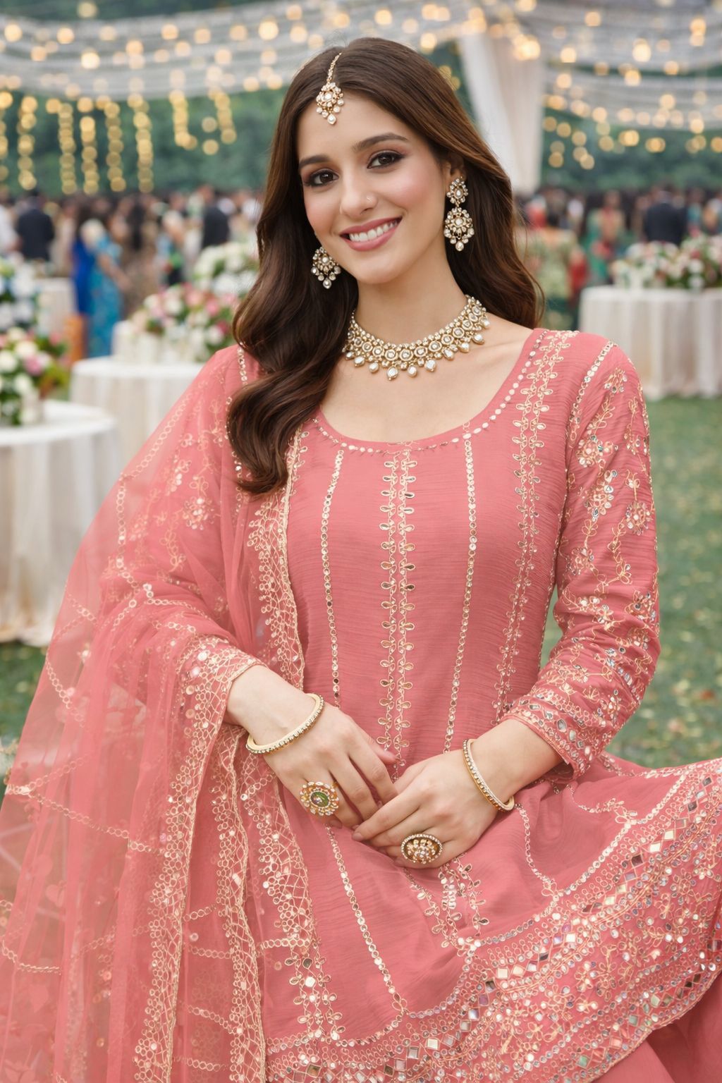 Pink Embroidered Chinon Palazzo Suit — alternate view