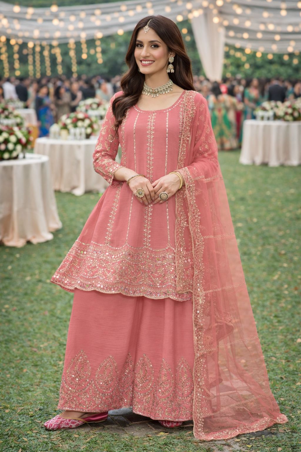 Pink Embroidered Chinon Palazzo Suit