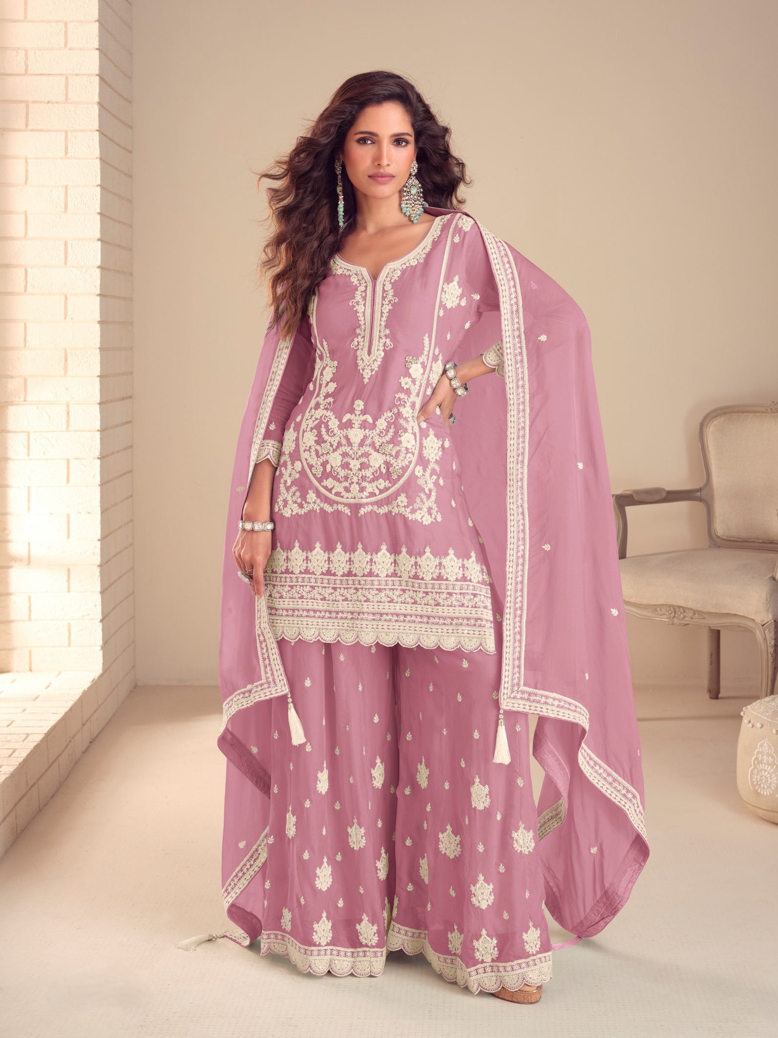 Pink Embroidered Chinon Palazzo Suit