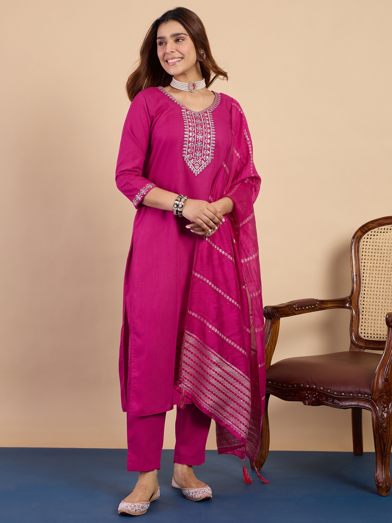 Pink Embroidered Cotton Blend Straight Pant Suit