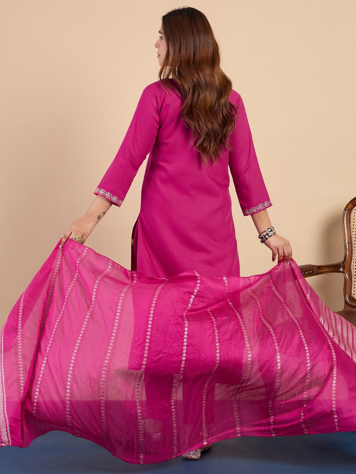 Pink Embroidered Cotton Blend Straight Pant Suit — alternate view