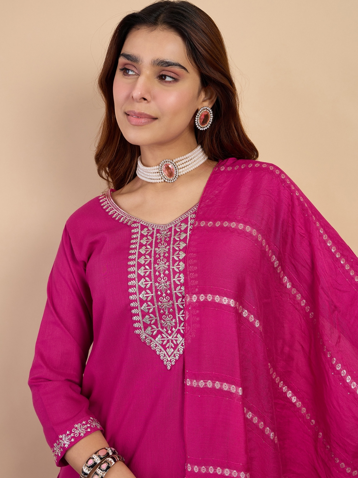 Pink Embroidered Cotton Blend Straight Pant Suit