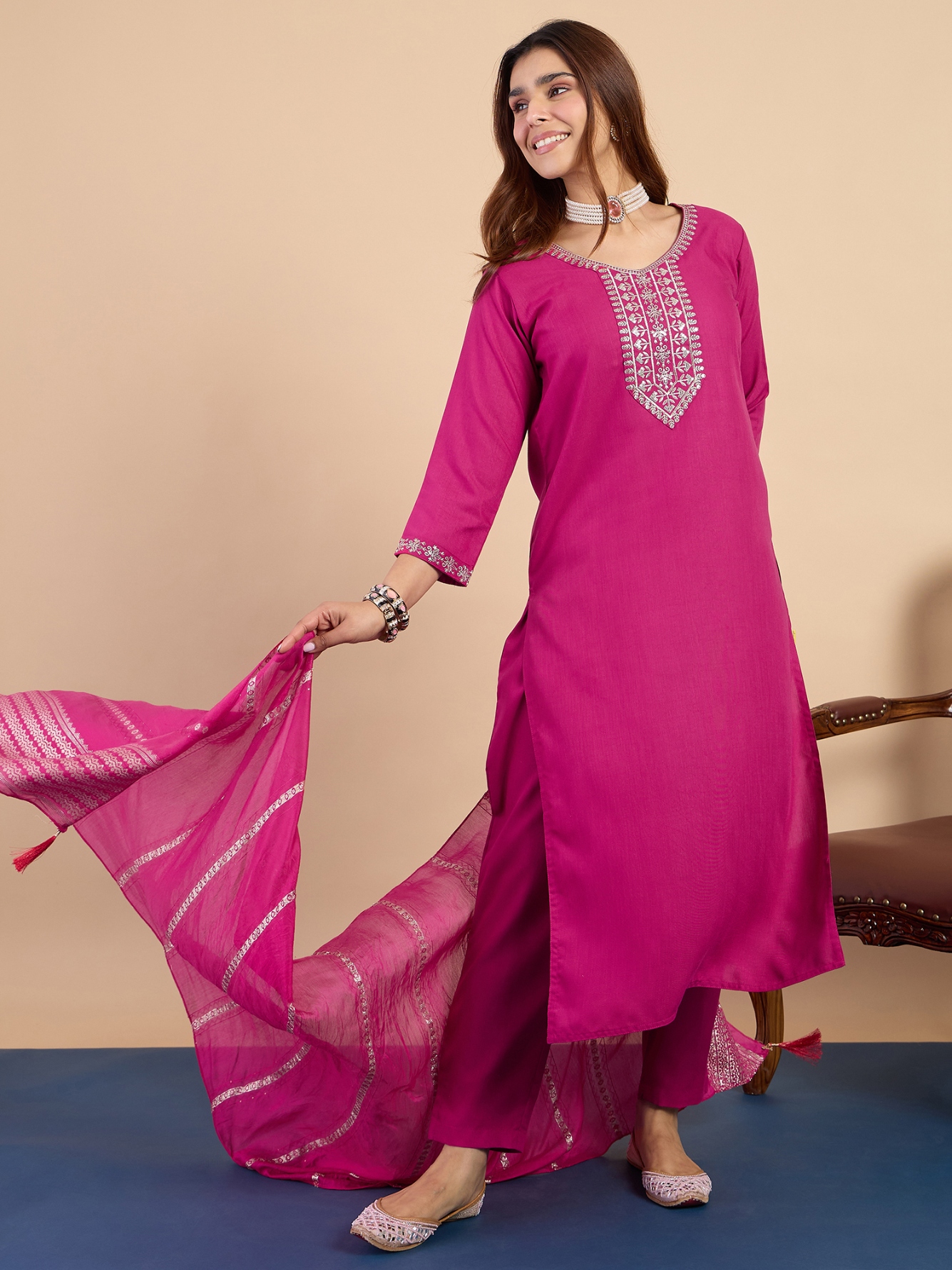 Pink Embroidered Cotton Blend Straight Pant Suit