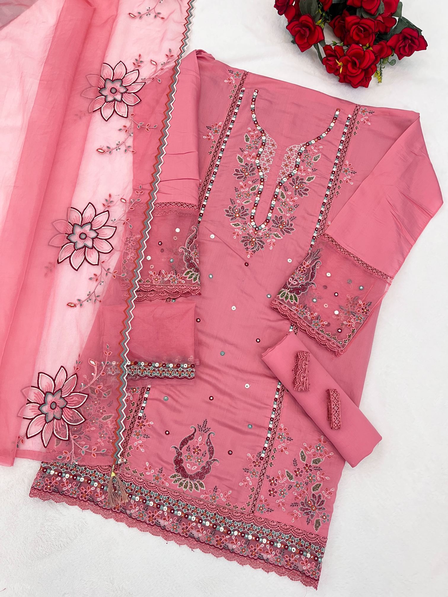 Pink Embroidered Cotton Salwar Suit