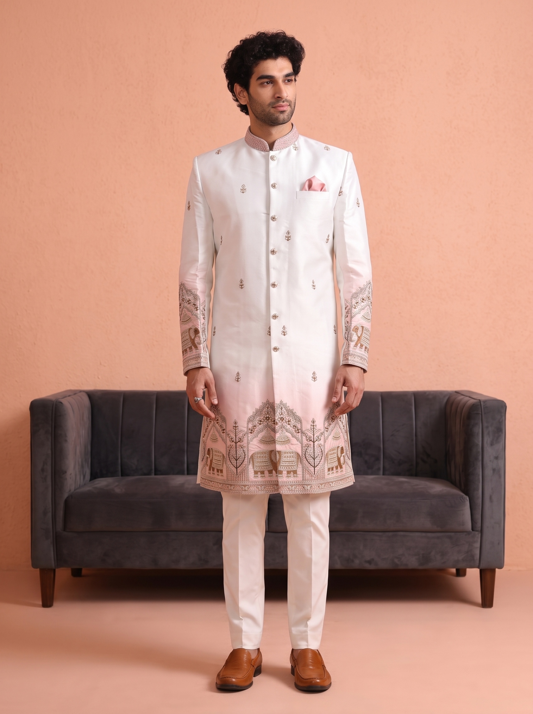 Pink Embroidered Doniar Satin Indo-Western Sherwani