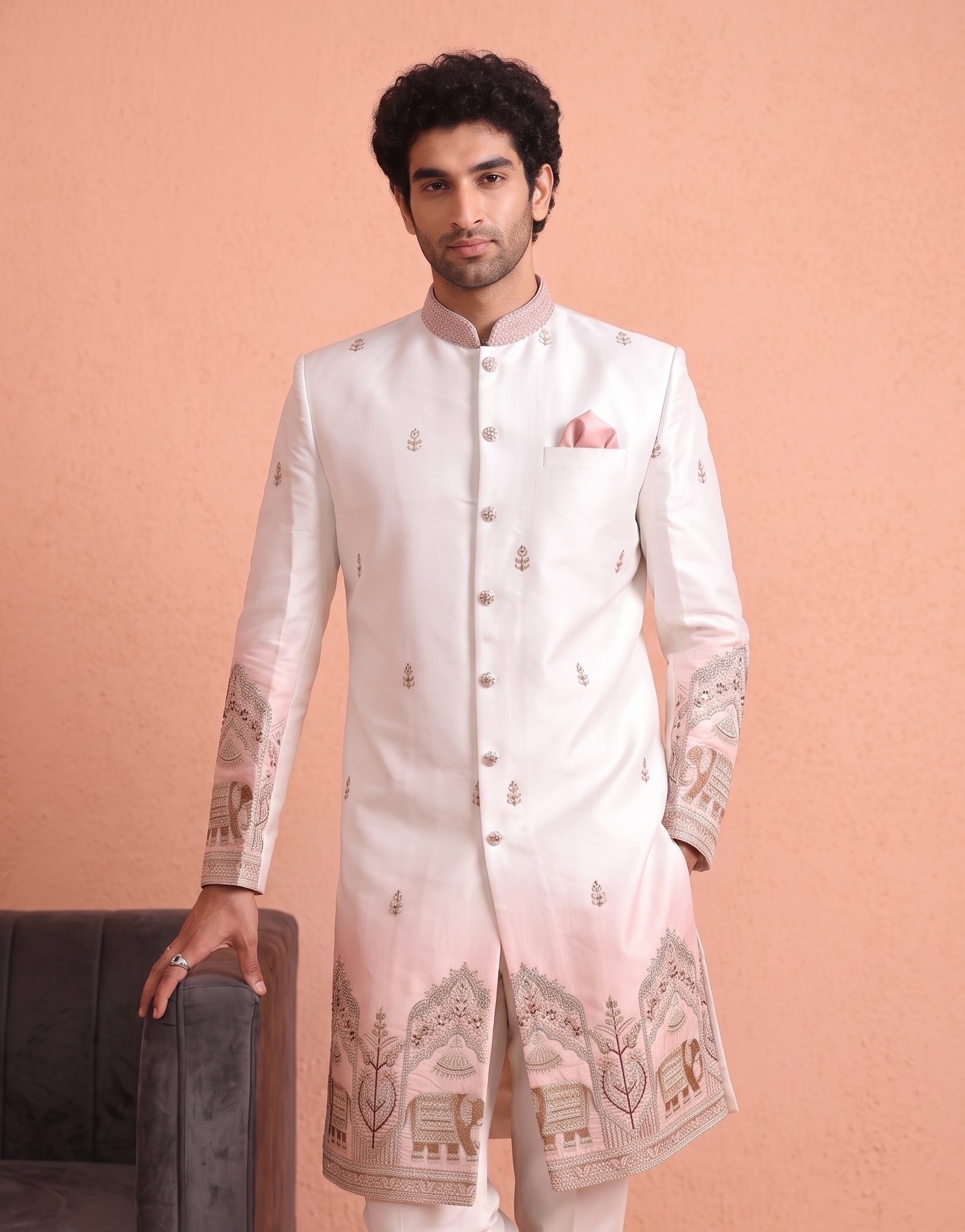 Pink Embroidered Doniar Satin Indo-Western Sherwani