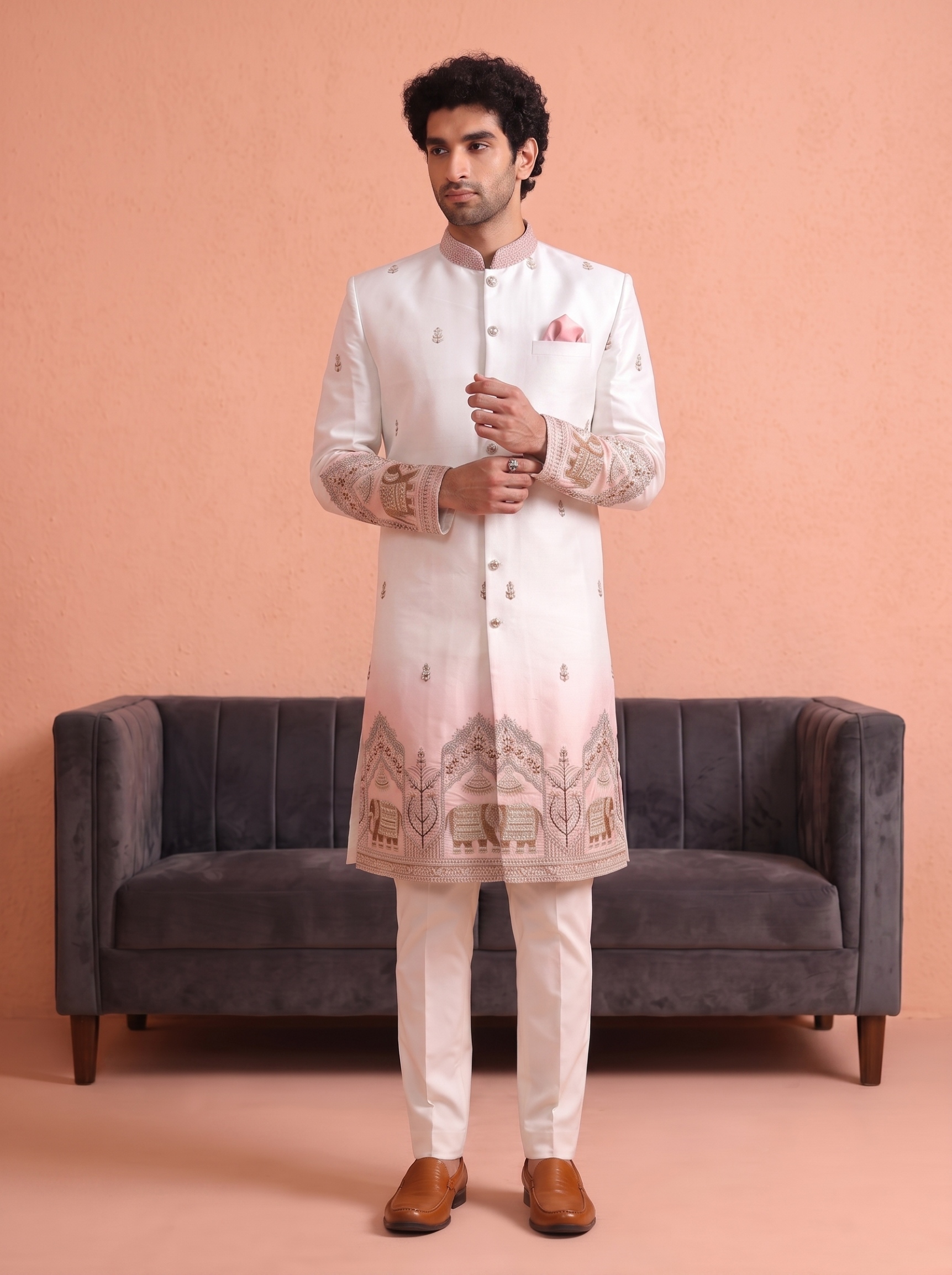 Pink Embroidered Doniar Satin Indo-Western Sherwani