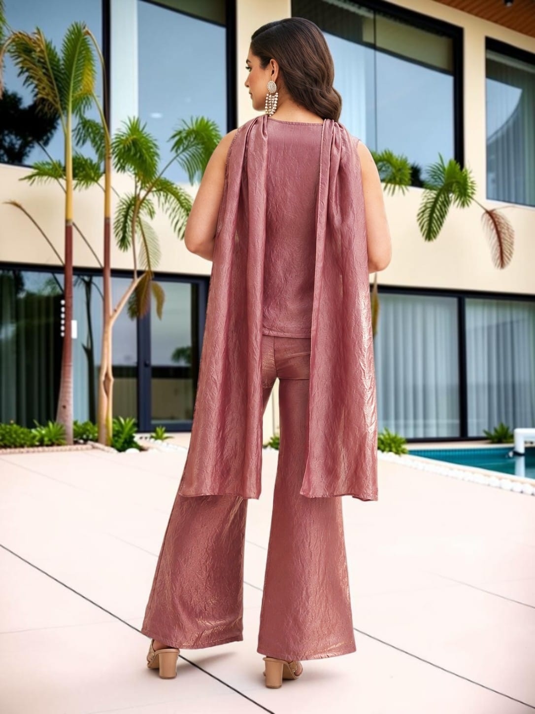 Pink Embroidered Fendy Satin Palazzo Suit — alternate view