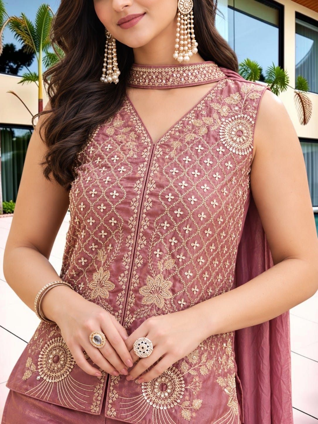 Pink Embroidered Fendy Satin Palazzo Suit