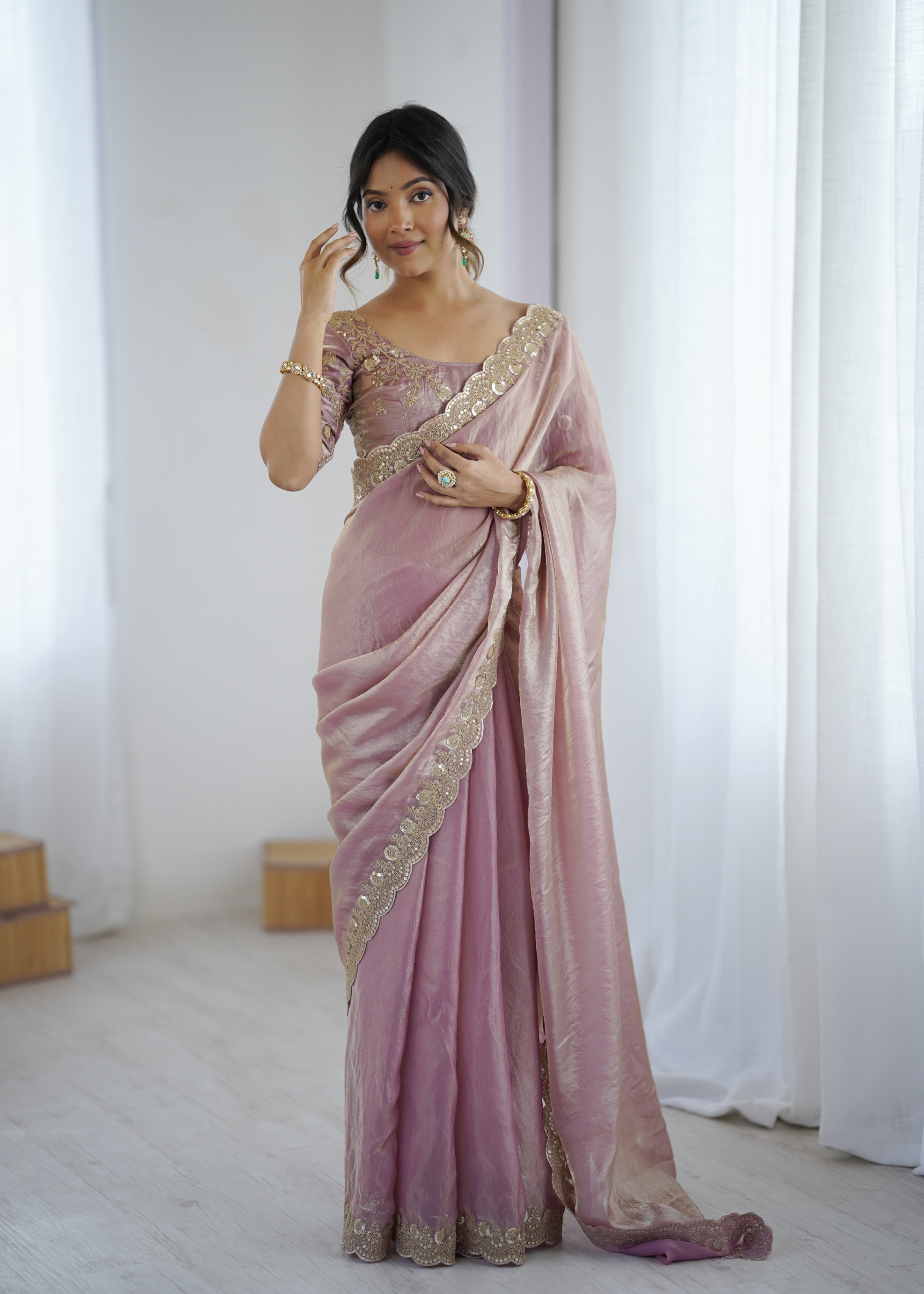 Pink Embroidered Fendy Satin Saree