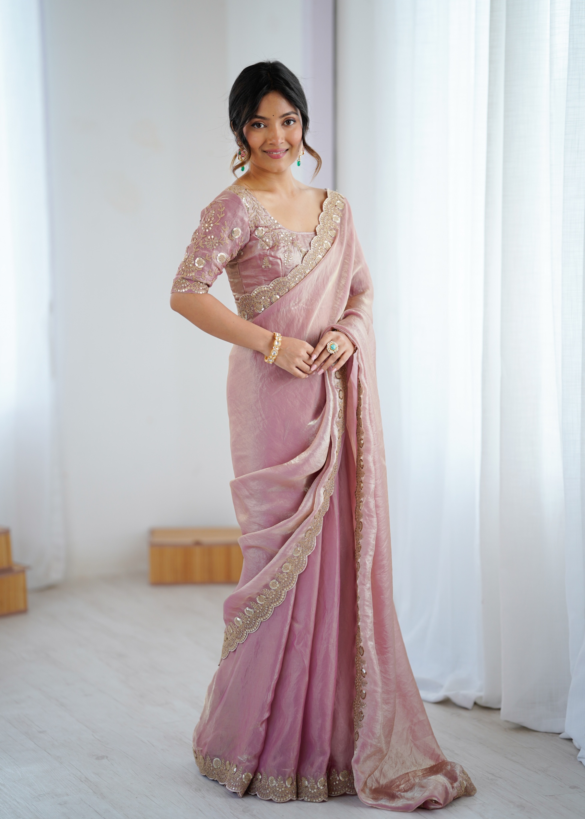 Pink Embroidered Fendy Satin Saree — alternate view