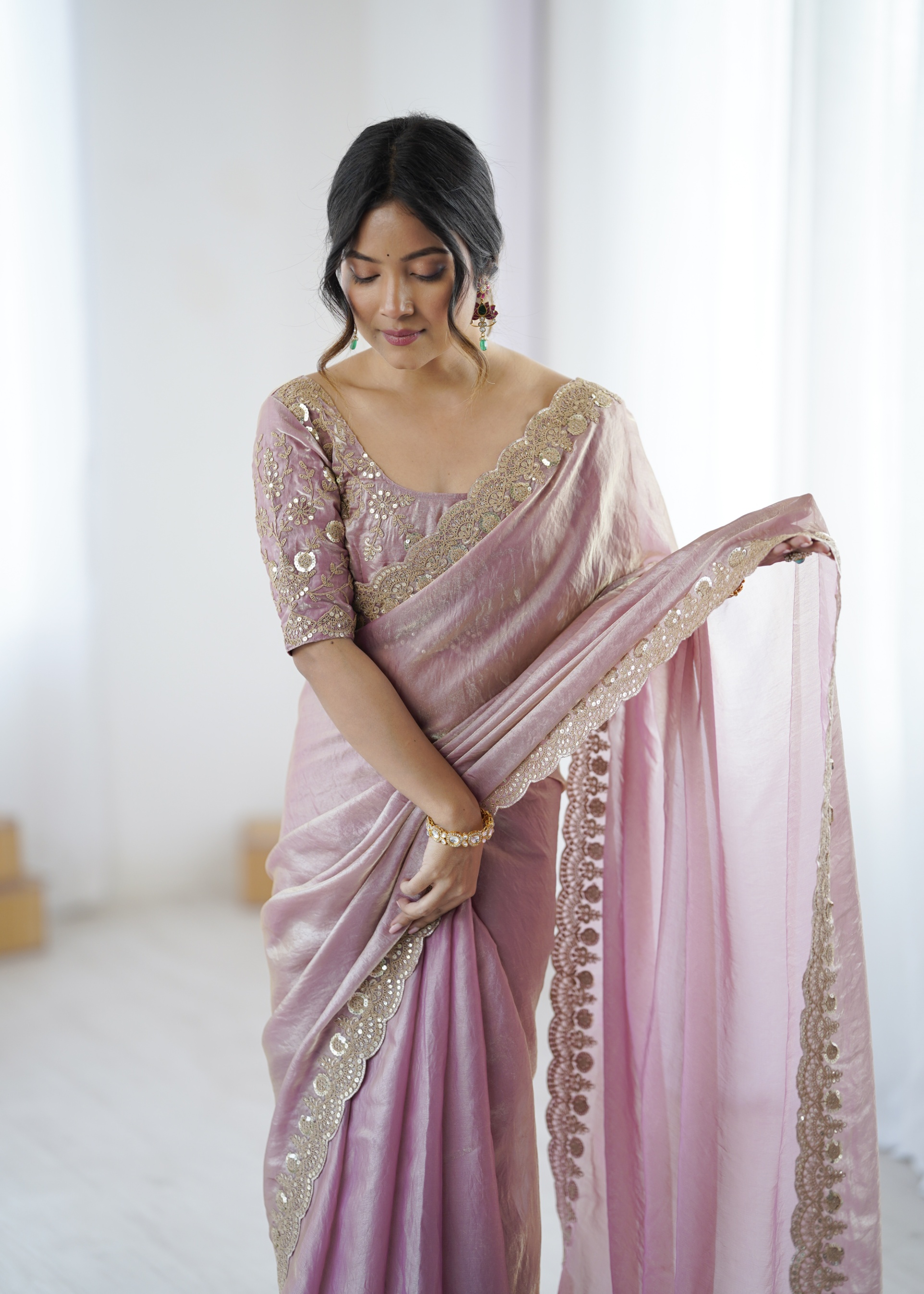 Pink Embroidered Fendy Satin Saree