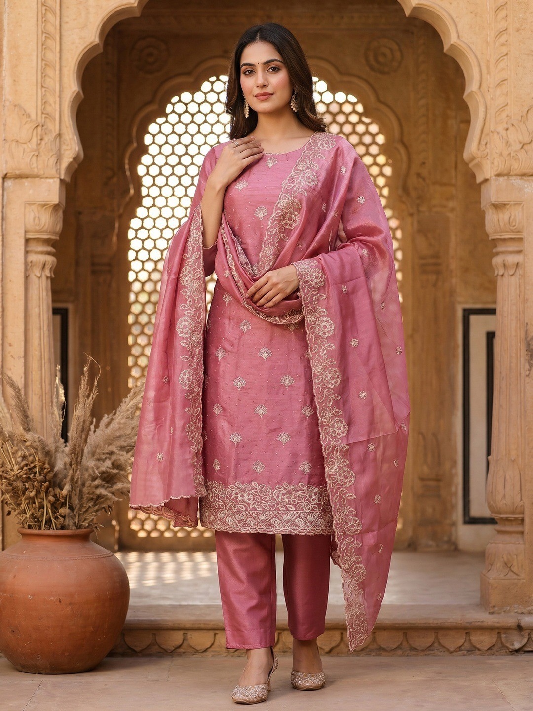Pink Embroidered Jimmy Chu Straight Salwar Suit