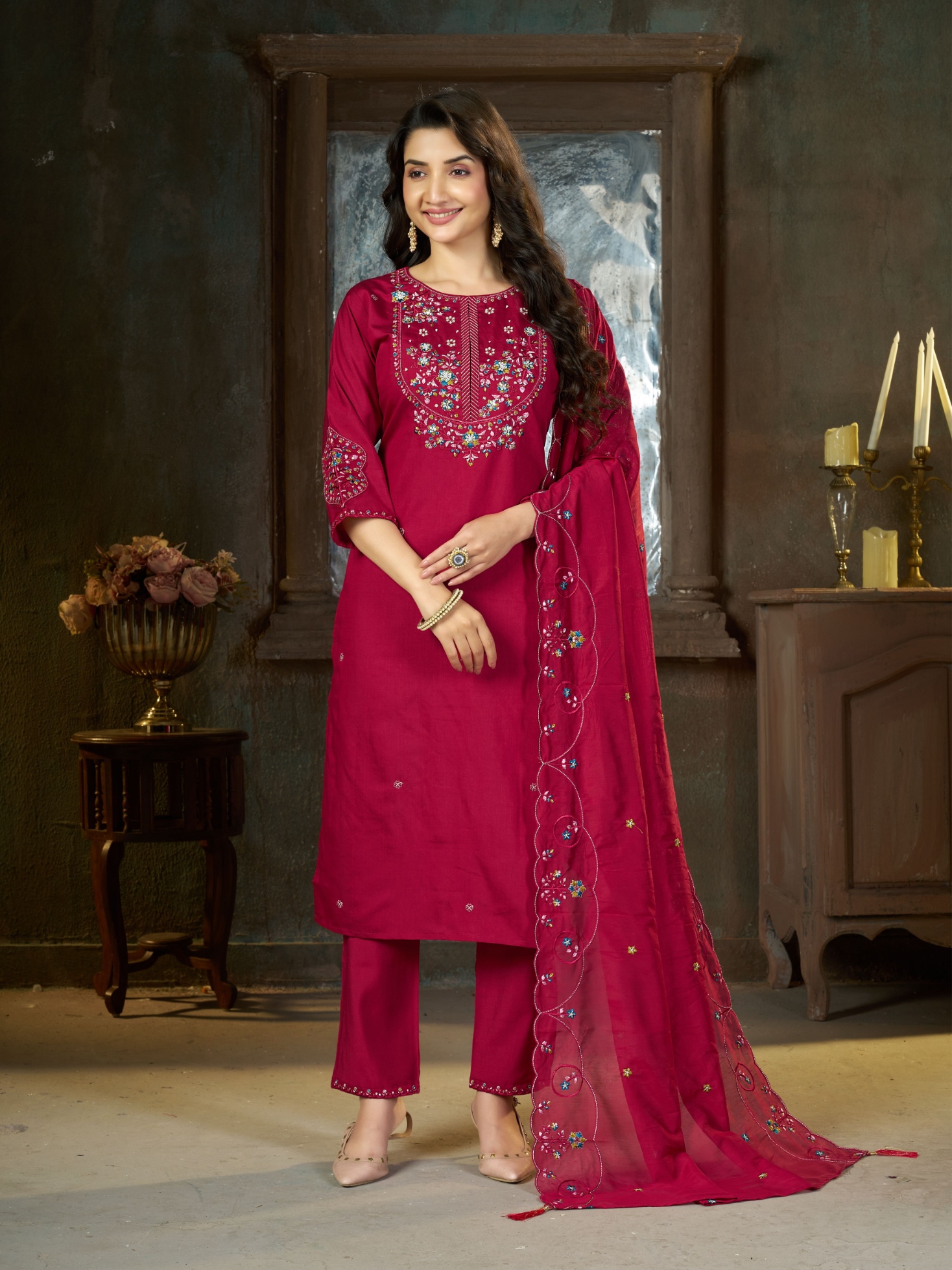 Pink Embroidered Marina Silk Straight Suit
