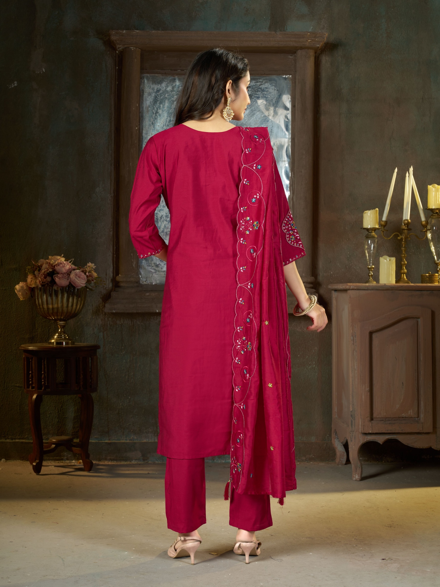 Pink Embroidered Marina Silk Straight Suit — alternate view