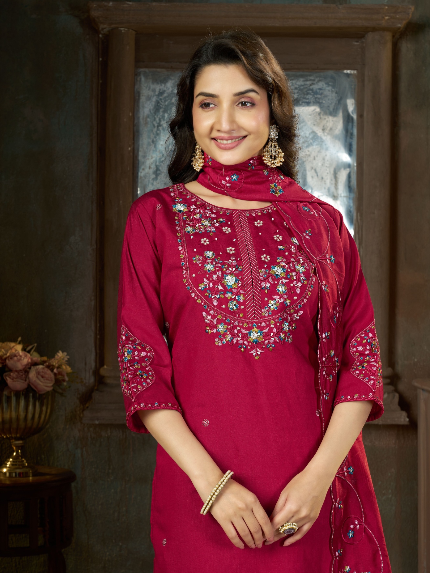 Pink Embroidered Marina Silk Straight Suit
