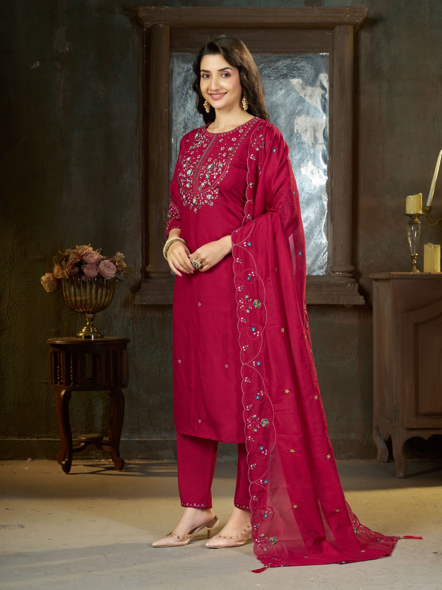 Pink Embroidered Marina Silk Straight Suit