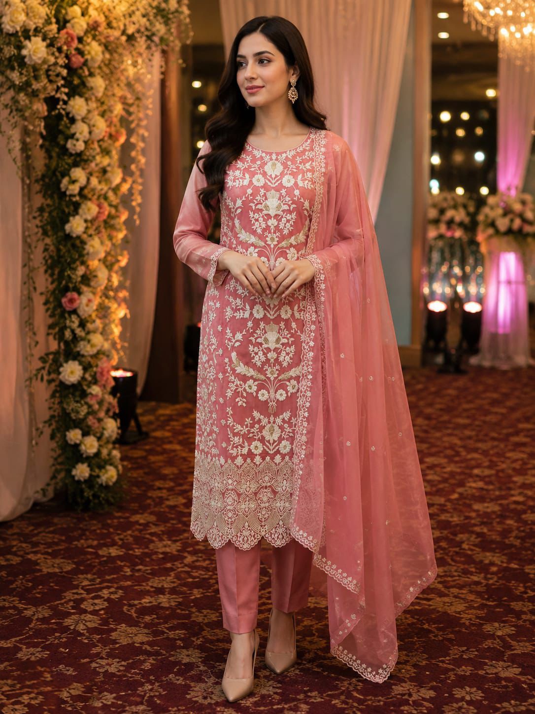 Pink Embroidered Organza Palazzo Suit