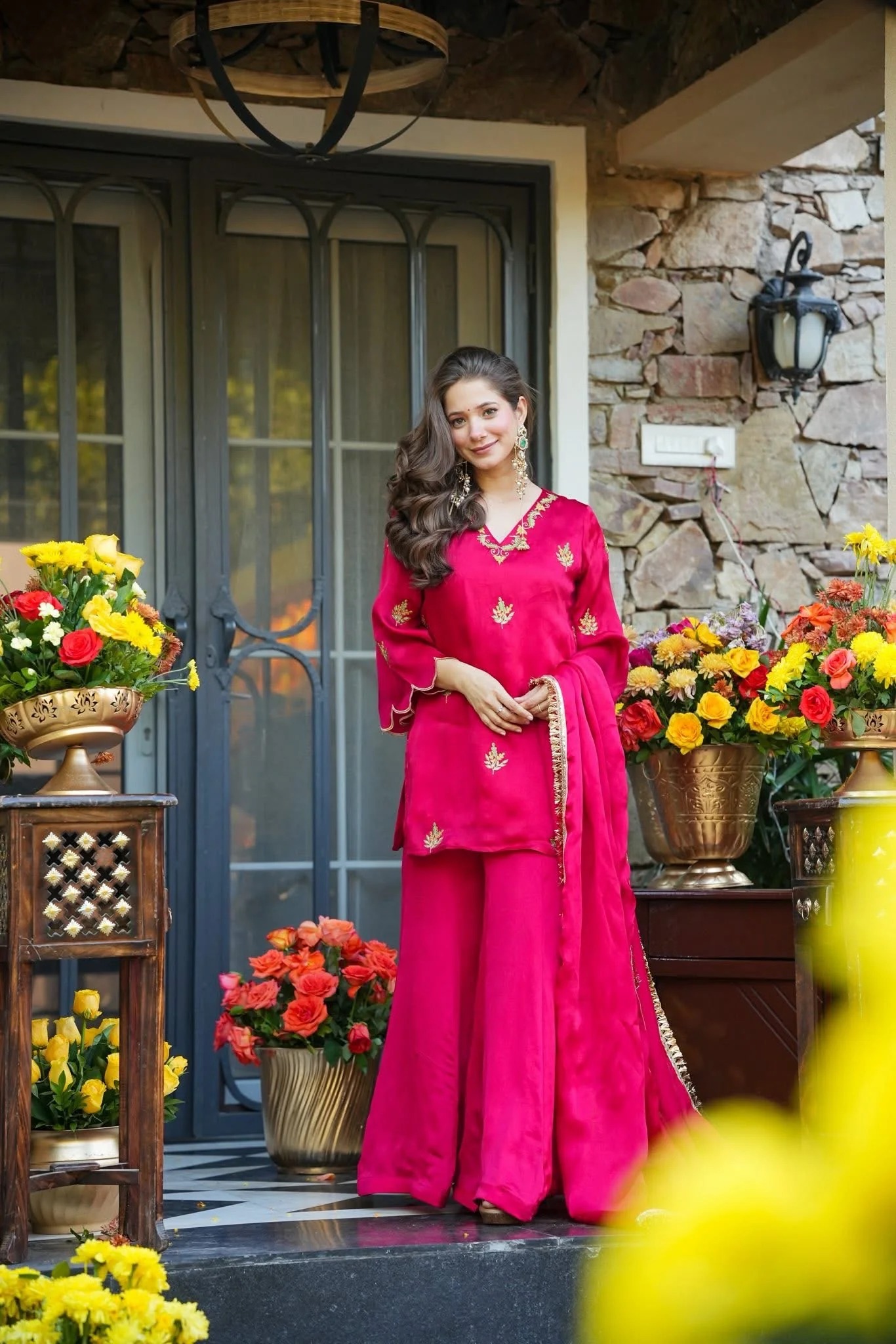Pink Embroidered Palazzo Suit