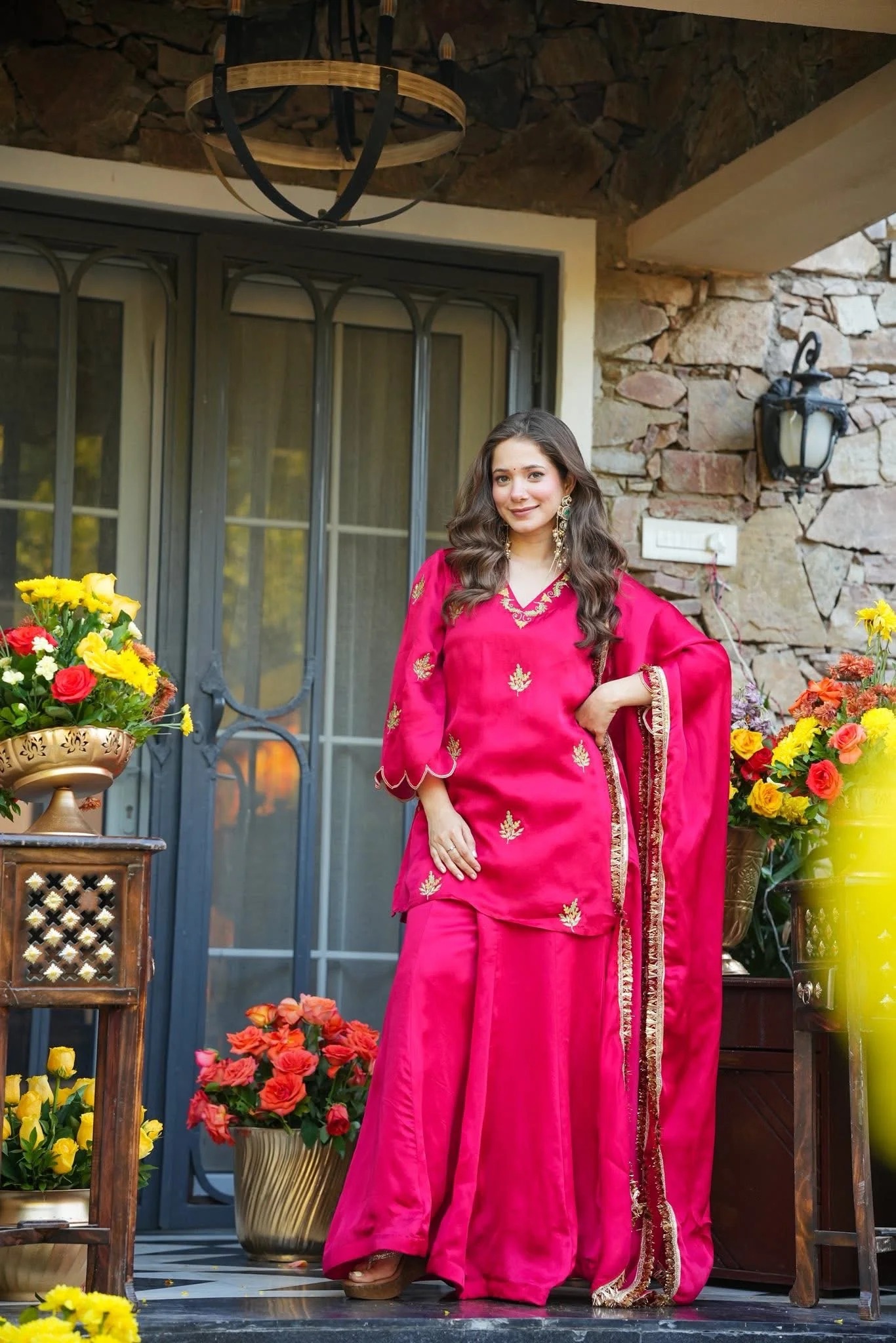 Pink Embroidered Palazzo Suit