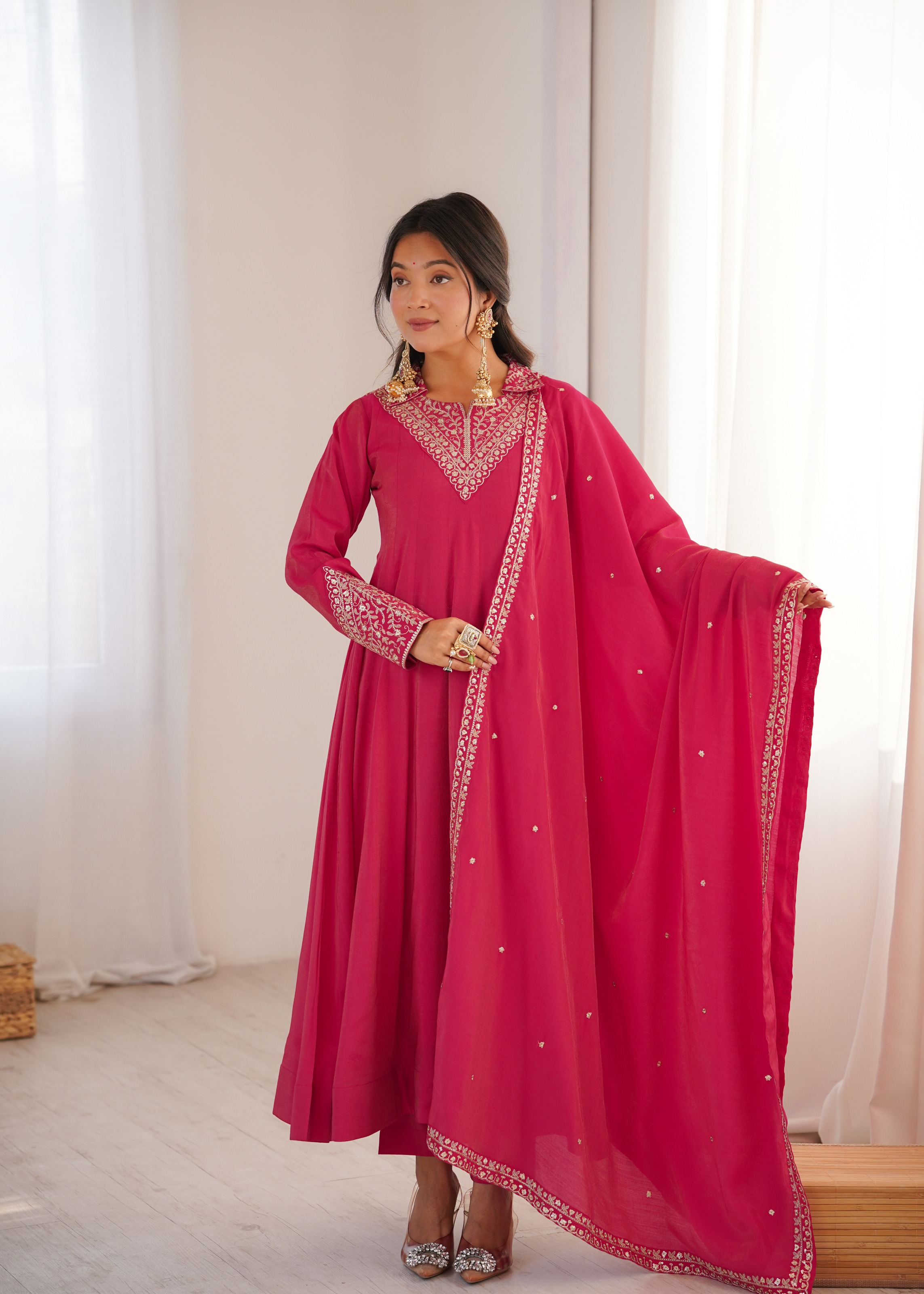 Pink Embroidered Roman Shimmer Anarkali Suit