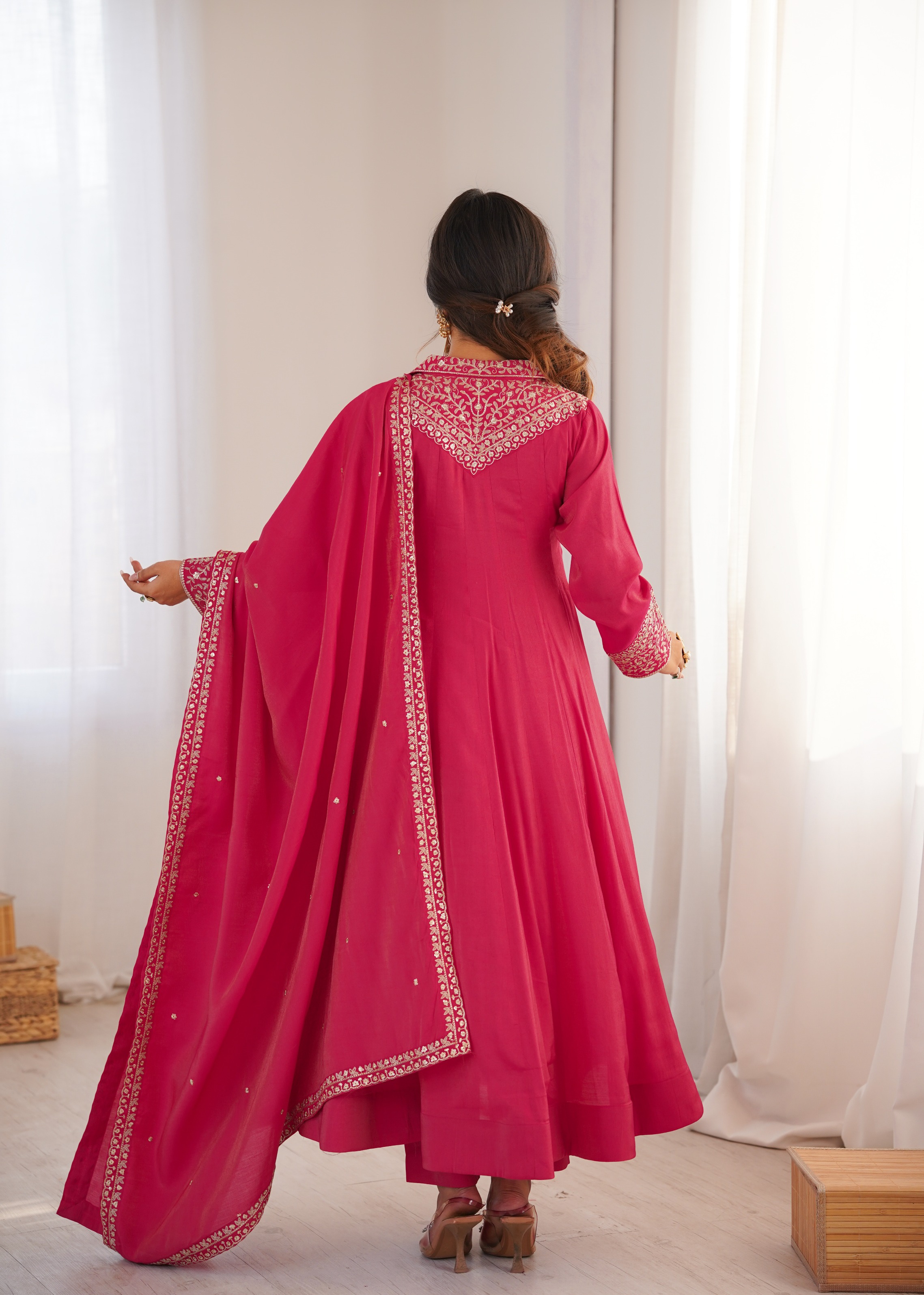 Pink Embroidered Roman Shimmer Anarkali Suit — alternate view