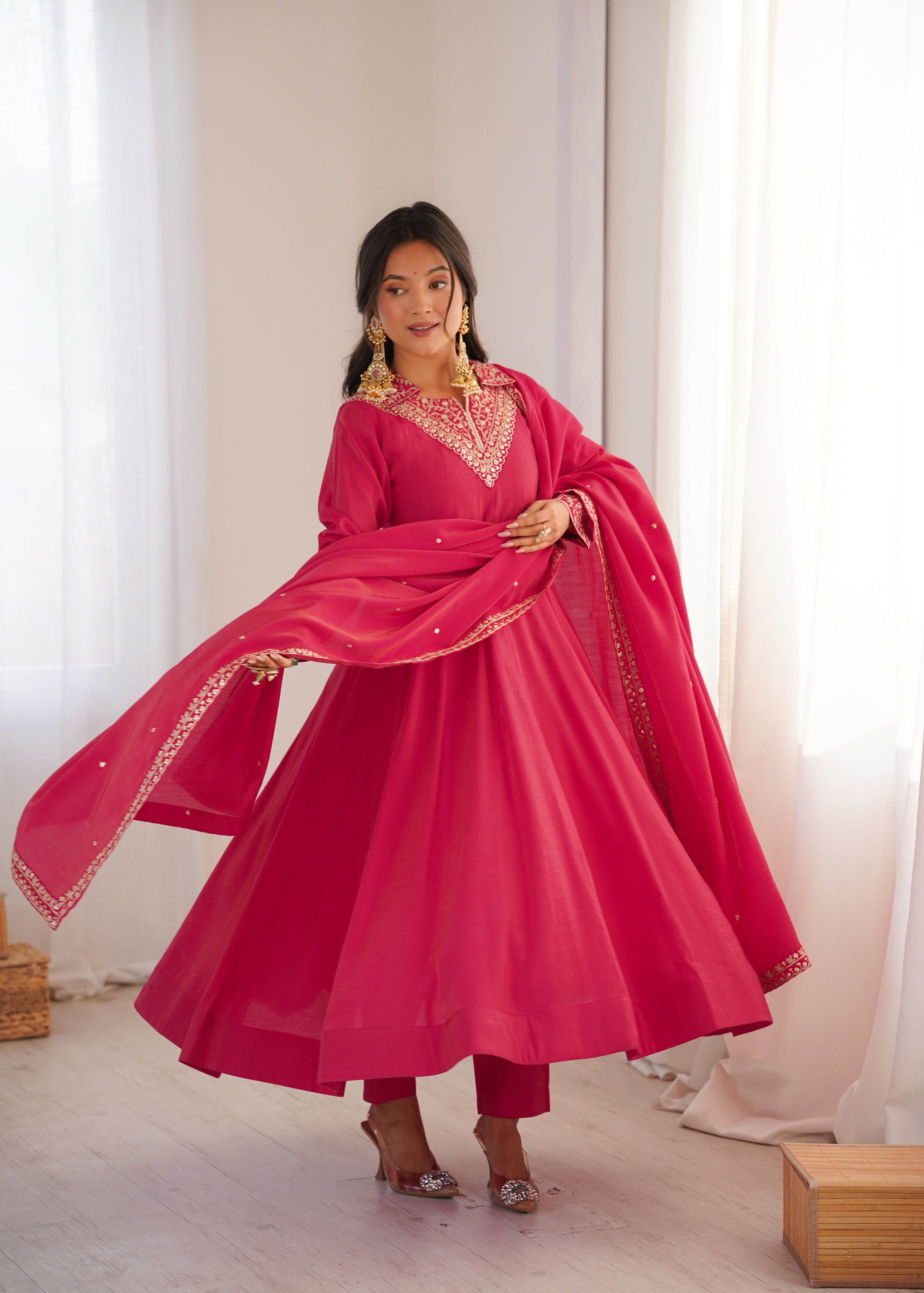 Pink Embroidered Roman Shimmer Anarkali Suit