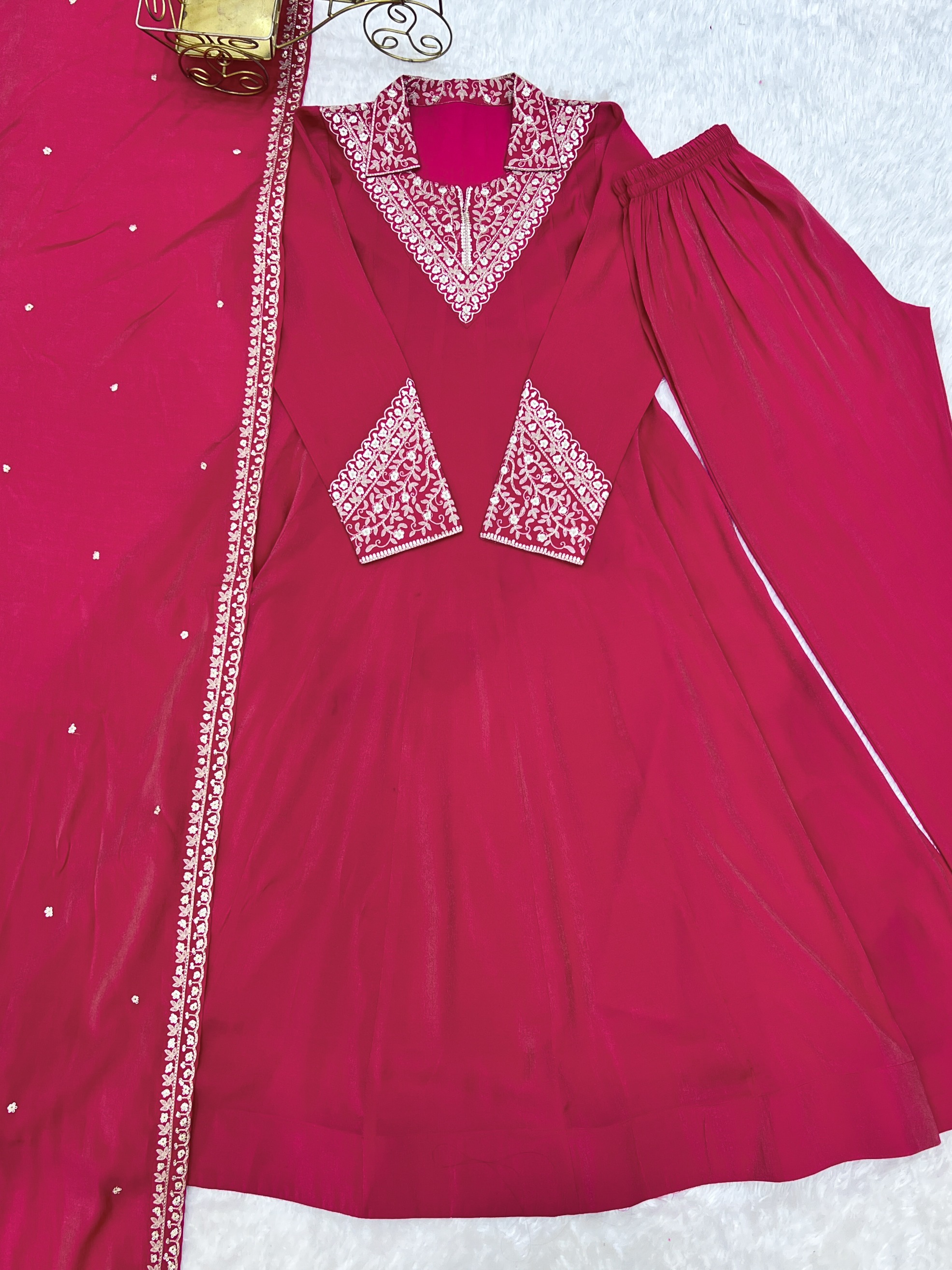 Pink Embroidered Roman Shimmer Anarkali Suit