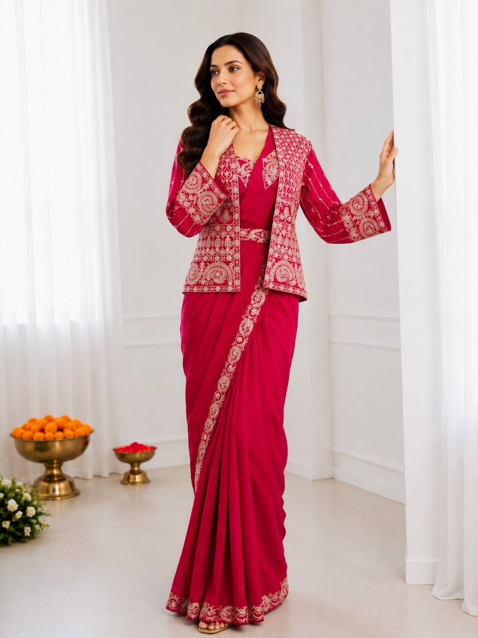 Pink Embroidered Sequence Cording Jacket Saree