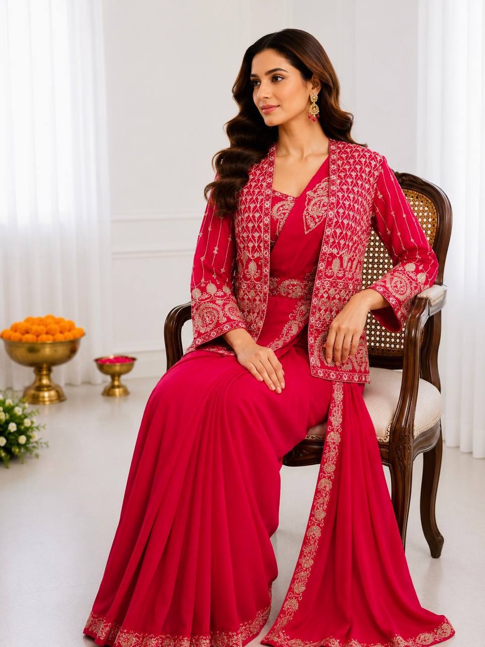 Pink Embroidered Sequence Cording Jacket Saree — alternate view