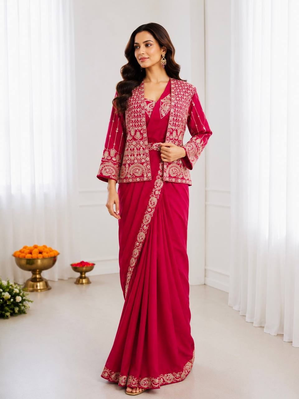 Pink Embroidered Sequence Cording Jacket Saree