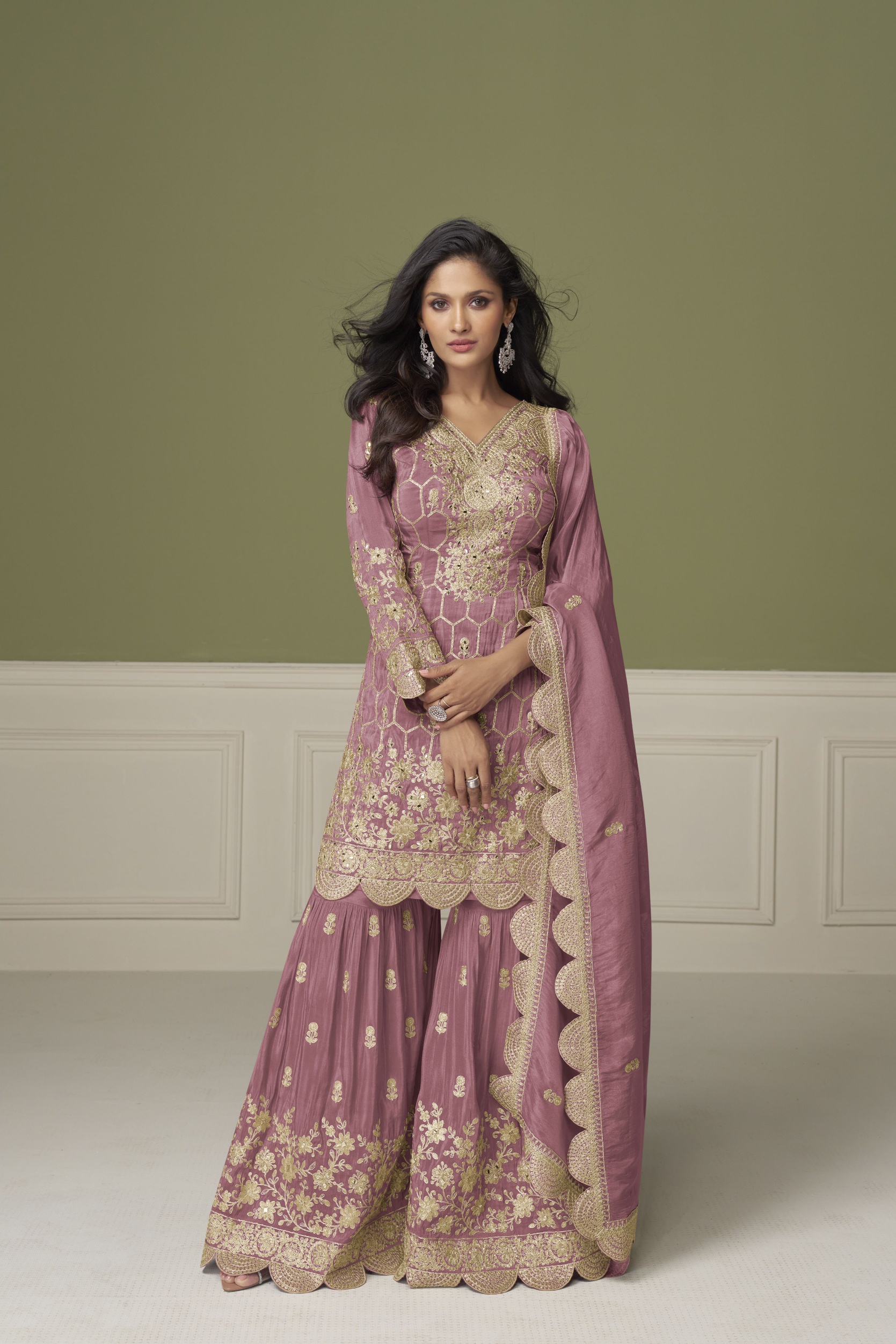 Pink Embroidered Shimmer Sharara Suit
