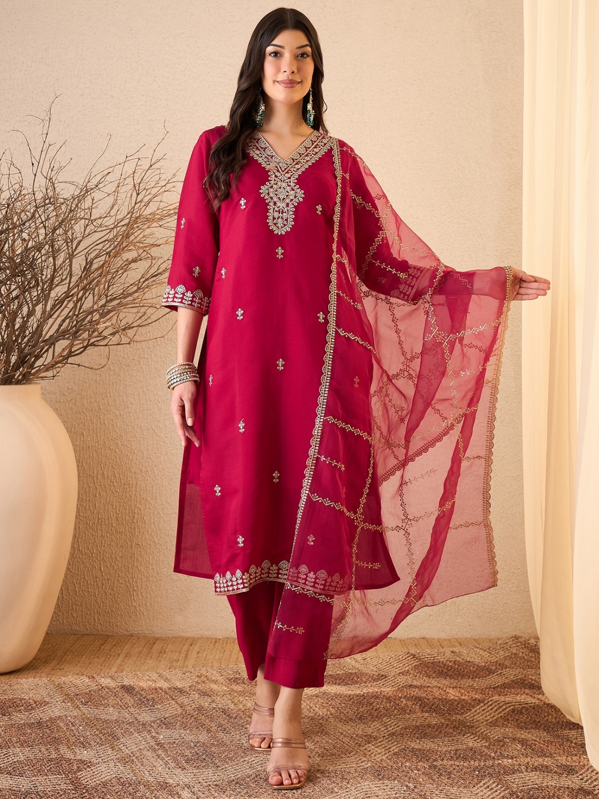 Pink Embroidered Silk Blend Straight Salwar Suit