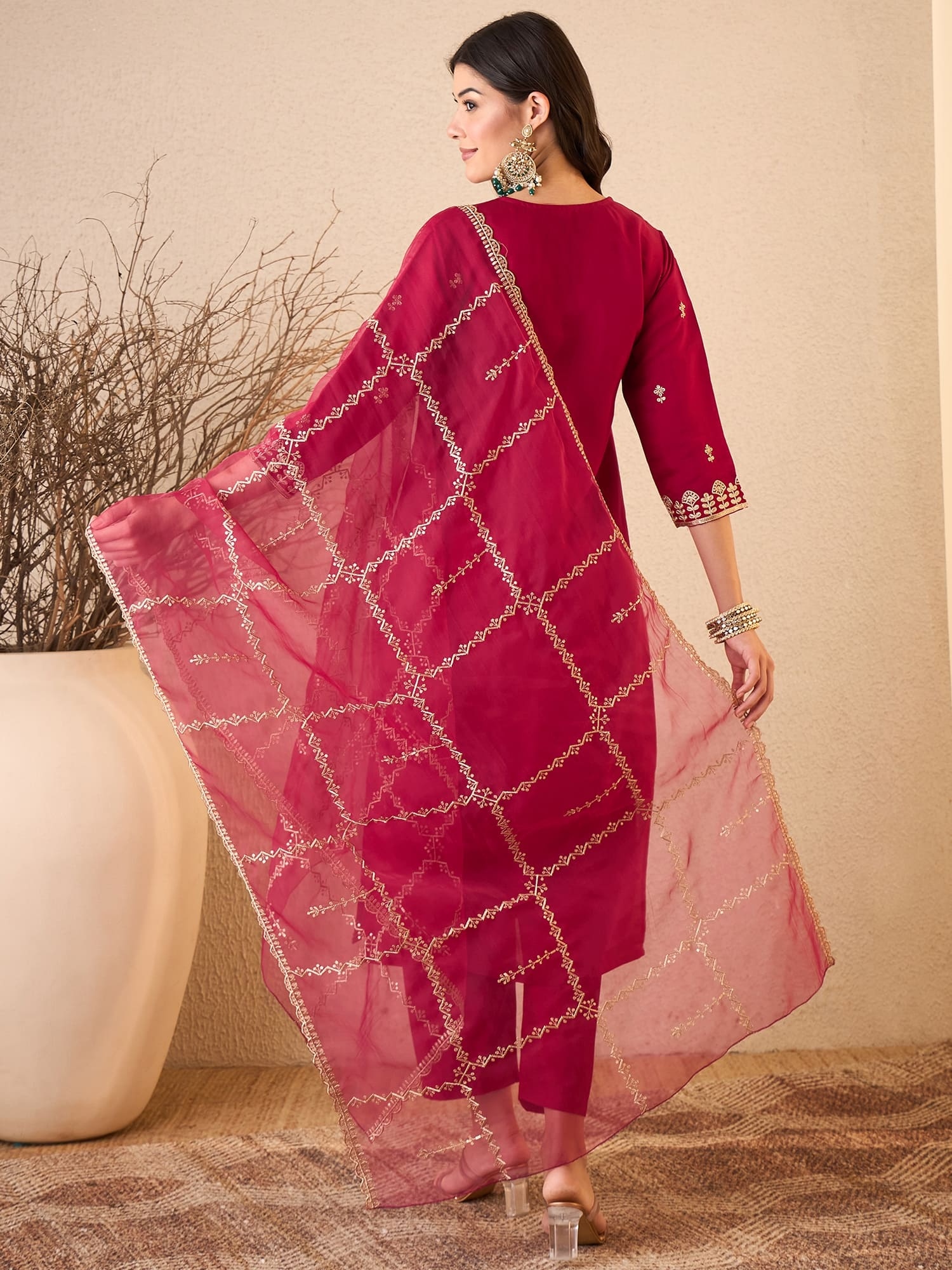 Pink Embroidered Silk Blend Straight Salwar Suit — alternate view