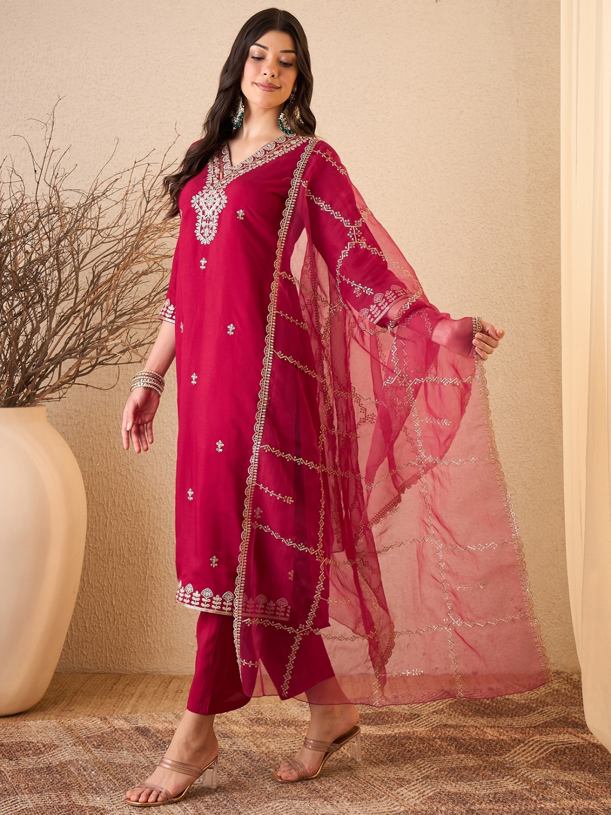 Pink Embroidered Silk Blend Straight Salwar Suit