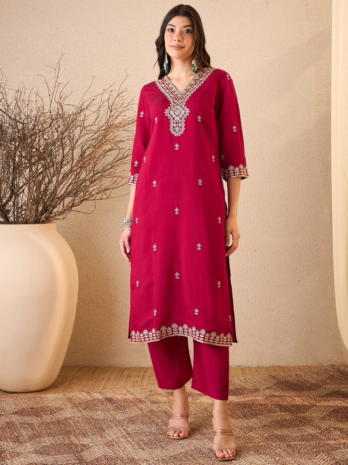 Pink Embroidered Silk Blend Straight Salwar Suit
