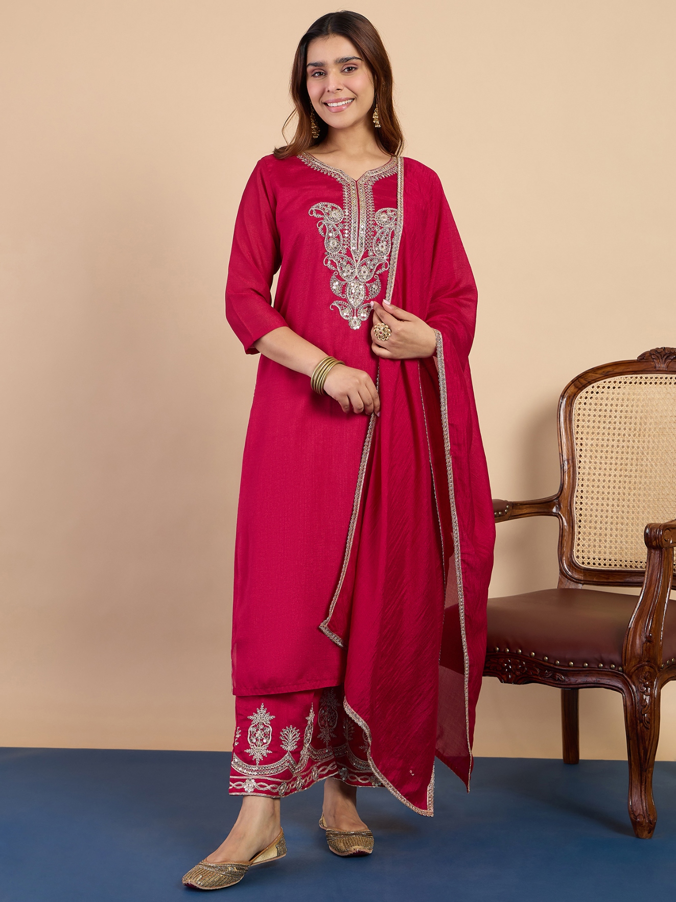 Pink Embroidered Silk Blend Straight Suit
