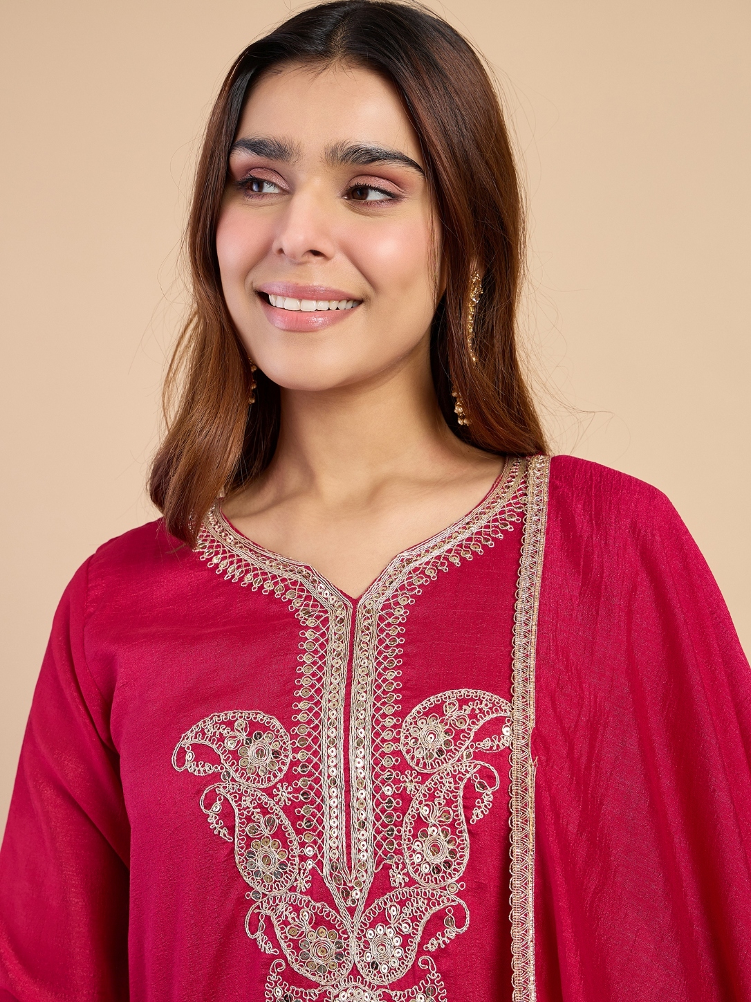 Pink Embroidered Silk Blend Straight Suit